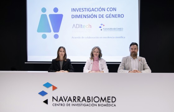 De izda. a dcha. Maruxa Arana, Excelencia y Divulgación de I+D+i de ADItech; Maite Mendioroz, directora de Navarrabiomed y Diego Garrido, director de ADItech. 
